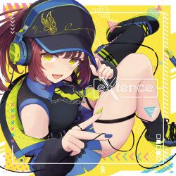  1girl :d absurdres album_cover asymmetrical_legwear baseball_cap black_footwear black_hat black_jacket black_shirt black_skirt black_socks black_thighhighs blue_nails breasts brown_hair cable collared_shirt cover dress_shirt green_nails green_necktie hat headphones headphones_over_headwear highres jacket knees_together_feet_apart long_sleeves medium_breasts multicolored_nails nail_polish necktie off_shoulder open_clothes open_jacket open_mouth original ponytail puffy_long_sleeves puffy_sleeves shirt shoes single_sock single_thighhigh skindentation skirt sleeveless sleeveless_shirt sleeves_past_wrists smile socks solo temari_rin thigh_strap thighhighs v yellow_background yellow_eyes yellow_necktie 
