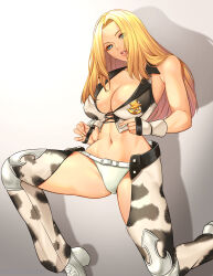  1girl animal_print bikini blonde_hair blue_eyes boots breasts cleavage cow_print dixie_clemets fingerless_gloves gloves grey_background grin highres large_breasts lips long_hair looking_at_viewer navel rumble_roses seed01010 shadow sleeveless smile solo stomach swimsuit teeth white_bikini white_footwear white_gloves wrestling_outfit 