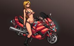  1girl absurdres bad_id bad_pixiv_id bikini black_background black_bikini black_footwear black_gloves blonde_hair boots breasts clyde_s gloves highres large_breasts long_hair looking_at_viewer motor_vehicle motorcycle navel original red_eyes simple_background solo swimsuit  rating:Questionable score:13 user:danbooru