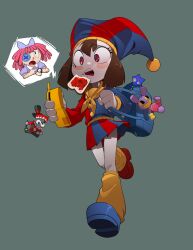  1girl backpack bag bleedman bread_slice food glitch_productions gloves hat highres jam jester jester_cap multicolored_eyes phone pomni_(the_amazing_digital_circus) ragatha_(the_amazing_digital_circus) school_uniform short_hair the_amazing_digital_circus toast 