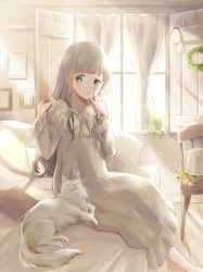 1girl absurdres arms_up barefoot bed bedroom blush book cat chair commentary curtains day english_commentary feet_out_of_frame green_eyes hair_ribbon hand_on_own_face highres hoshiibara_mato indoors lace-trimmed_sleeves lace_trim lamp light_blush light_brown_hair light_bulb light_particles light_rays long_hair long_sleeves looking_at_viewer morning nightgown on_bed open_mouth original picture_frame pillow plant potted_plant ribbon sidelocks sitting solo sunbeam sunlight tress_ribbon uneven_eyes very_long_hair white_nightgown window window_shutter wreath rating:Sensitive score:8 user:danbooru