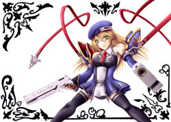 1girl arc_system_works beret black_thighhighs blazblue blonde_hair breasts covered_erect_nipples detached_sleeves female_focus gloves green_eyes gun hat long_hair merlyn necktie noel_vermillion red_ribbon ribbon solo spread_legs thighhighs uniform weapon white_background 