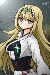  absurdres breasts dark_background highres izaiah japanese_clothes kimono large_breasts long_hair long_sleeves looking_at_viewer mythra_(xenoblade) xenoblade_chronicles_(series) xenoblade_chronicles_2 yellow_eyes  rating:General score:1 user:IzaiAH