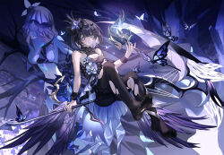  1girl armpit_crease ass bare_shoulders black_bow black_flower black_hair black_hairband black_pantyhose black_rose black_wristband blue_eyes bow breasts bug butterfly cleavage closed_mouth covered_eyes criss-cross_halter flora_(honkai_impact) flower hair_ornament hairband halterneck highres holding holding_scythe holding_weapon honkai_(series) honkai_impact_3rd insect large_breasts light_blush looking_at_viewer medium_breasts midriff multicolored_hair navel neon_(pixiv_31150749) no_shoes pantyhose purple_veil rose scythe seele_vollerei seele_vollerei_(herrscher_of_rebirth) smile solo torn_clothes torn_pantyhose two-tone_hair weapon white_hair wristband 