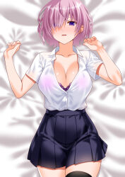  1girl arm_support black_skirt black_thighhighs blush bra bra_visible_through_clothes breasts cleavage collared_shirt engo_(aquawatery) fate/grand_order fate_(series) highres indoors large_breasts lying mash_kyrielight medium_hair mile on_bed open_clothes open_mouth partially_unbuttoned pink_hair purple_bra purple_eyes see-through shirt sitting skirt solo thighhighs underwear white_shirt 