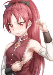  1girl armpits bare_shoulders blush breasts closed_mouth clothes_pull detached_sleeves frown gem highres long_hair looking_at_viewer magical_girl mahou_shoujo_madoka_magica mahou_shoujo_madoka_magica_(anime) no_bra ponytail red_eyes red_hair sakura_kyoko sazanami_tarou shirt_pull sideboob simple_background small_breasts solo upper_body very_long_hair wavy_mouth white_background  rating:Questionable score:32 user:danbooru