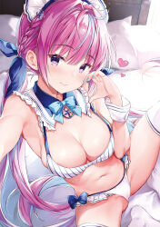  1girl alternate_costume antenna_hair armpits bare_shoulders bed bikini blue_bow blue_hair bow bowtie braid breasts cameltoe chiyingzai cleavage closed_mouth collar detached_collar frilled_bikini frilled_collar frills gluteal_fold hand_up heart heart_hands highres hololive long_hair looking_at_viewer maid_headdress medium_breasts minato_aqua multicolored_hair navel on_bed outstretched_arm pink_hair purple_eyes sailor_bikini sailor_collar selfie sidelocks sitting skindentation smile solo spaghetti_strap spread_legs stomach streaked_hair string_bikini striped_bikini striped_clothes swimsuit thighhighs thighs twintails two-tone_hair very_long_hair virtual_youtuber white_bikini white_thighhighs wrist_cuffs 