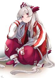  1girl alternate_costume baggy_pants black_camisole bow camisole commentary_request elbow_on_knee expressionless fujiwara_no_mokou full_body hair_bow hand_on_own_ankle hand_up highres indian_style jacket long_hair long_sleeves looking_at_viewer mokoiscat multiple_hair_bows ofuda ofuda_on_clothes on_ground open_clothes open_jacket pants red_bow red_eyes red_jacket red_pants signature sitting solo sukajan touhou two-tone_bow very_long_hair white_bow white_hair white_jacket 