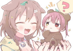  2girls :&lt; :3 :d ? animal_collar animal_costume animal_ears bear_costume bone_hair_ornament breasts brown_hair cleavage closed_eyes closed_mouth collar commentary_request dog_ears dog_girl dot_nose fangs fingernails hair_ornament heterochromia highres holding hololive houshou_kumarine houshou_marine inugami_korone leaf low_twintails multiple_girls nabisuko25 open_mouth red_eyes red_hair smile sparkle speech_bubble twintails upper_body virtual_youtuber yellow_eyes 