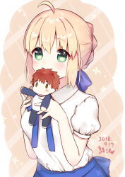  1girl absurdres ahoge aizawa85 artoria_pendragon_(all) artoria_pendragon_(fate) back_bow blonde_hair blue_bow blue_bowtie blue_skirt blush border bow bowtie breasts brown_background character_doll collared_shirt covered_mouth dated doll emiya_shirou fate/stay_night fate_(series) fingernails floral_background floral_print green_eyes hair_between_eyes hair_bow hair_bun hands_up highres holding holding_doll looking_to_the_side medium_breasts puffy_short_sleeves puffy_sleeves saber_(fate) shirt short_hair short_sleeves sidelocks skirt solo standing striped_background white_border white_shirt 