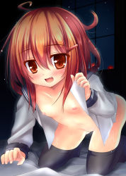  1girl blush breasts brown_hair ikazuchi_(kancolle) kantai_collection loli nipples open_mouth red_eyes shaian small_breasts solo  rating:Questionable score:14 user:shadow2345