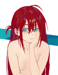  1girl ahoge aqua_eyes breasts breasts_apart closed_mouth commentary eyelashes hair_between_eyes hand_on_own_chin highres hipa_(some1else45) long_hair looking_at_viewer medium_breasts one_side_up original red_hair sidelocks solo some1else45 symbol-only_commentary topless upper_body  rating:Questionable score:19 user:danbooru