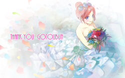  1girl bare_shoulders blue_eyes bouquet breasts bridal_veil bride cleavage closed_mouth collarbone dress falling_petals flower go-toubun_no_hanayome hair_bun hair_flower hair_ornament highres hirokiku holding holding_bouquet large_breasts looking_at_viewer petals red_hair short_hair sitting solo strapless strapless_dress thank_you veil wedding_dress white_dress 