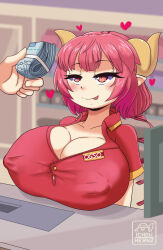 1girl absurdres blurry blurry_background breast_rest breasts cleavage closed_mouth covered_erect_nipples dragon_horns half-closed_eyes heart heart-shaped_pupils highres horns huge_breasts ichduhernz ilulu_(maidragon) indoors kobayashi-san_chi_no_maidragon money pink_hair pointy_ears red_eyes red_shirt shirt short_sleeves shortstack smile symbol-shaped_pupils teeth tongue tongue_out twintails upper_body upper_teeth_only rating:Questionable score:47 user:DarkToonLink