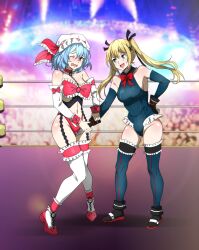  2girls blonde_hair blue_hair blush catfight crotch_grab dead_or_alive embarrassed highres humiliation leotard marie_rose multiple_girls open_mouth remilia_scarlet sbel02 smile tears touhou touhou_tag_dream twintails wrestling wrestling_outfit wrestling_ring 