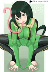  1girl absurdres asui_tsuyu black_thighhighs blush bodysuit boku_no_hero_academia boots breasts cameltoe covered_erect_nipples covered_navel feet female_focus frog_girl full_body green_background green_bodysuit green_eyes green_hair hair_between_eyes highres large_breasts long_hair long_tongue looking_at_viewer no_shoes pantsushi patreon patreon_username skin_tight solo squatting thigh_boots thighhighs toeless_legwear toes tongue tongue_out very_long_tongue  rating:Sensitive score:52 user:PenguinMayCry