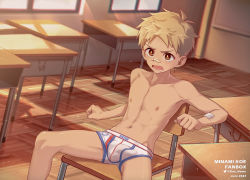  1boy armpits bandaid bandaid_on_face bandaid_on_nose bdsm blonde_hair boxer_briefs brown_eyes chair classroom highres koe_(mixpi) male_focus male_underwear original pectorals plaster school_chair shirt shota t-shirt tearing_up topless_male uncensored underwear white_boxer_briefs white_male_underwear  rating:Questionable score:88 user:unsoredd