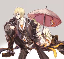 10s 1boy 1girl belt blonde_hair blue_eyes boots brother_and_sister coat dress edna_(tales) eizen_(tales) gloves gradient_background hair_ornament hairband pants short_hair siblings tales_of_(series) tales_of_berseria tales_of_zestiria umbrella rating:Sensitive score:3 user:wereAR