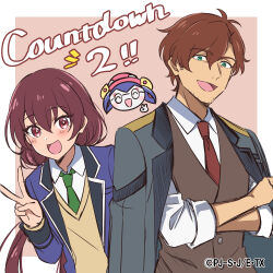  artist_request beard_stubble blue_jacket blue_necktie brown_hair brown_vest collared_shirt countdown crossed_arms facial_hair green_eyes grey_jacket hair_between_eyes head_tilt highres jacket jacket_on_shoulders looking_at_viewer low_twintails necktie official_art open_mouth oume_mai red_eyes red_necktie robot school_uniform shinkalion:_change_the_world shinkalion_(series) shirt smile stubble takanawa_kadomichi twintails v vest vina_(shinkalion) yellow_vest 