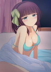  1girl absurdres angel_beats! aqua_bikini arm_support bare_shoulders bikini black_hairband blunt_bangs blush bow breasts cleavage closed_mouth collarbone commentary_request green_bow green_eyes hair_bow hairband half-closed_eyes highres indoors lelie_(lelie_link) looking_at_viewer medium_breasts medium_hair nakamura_yuri night o-ring o-ring_bikini on_bed paid_reward_available purple_hair raised_eyebrows shy sitting solo split_mouth straight_hair swimsuit upper_body window 