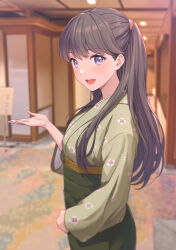  1girl :d blurry blurry_background blush brown_hair commentary_request cowboy_shot floral_print_kimono fujishima_megumi green_kimono hand_up highres japanese_clothes kimono link!_like!_love_live! long_hair long_sleeves looking_at_viewer love_live! official_alternate_costume open_mouth purple_eyes ryokan shamakho smile solo teeth two_side_up upper_teeth_only virtual_youtuber 