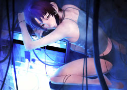  1990s_(style) 1girl back bare_shoulders barefoot black_panties brown_hair cable camisole highres iwai_ryou iwakura_lain panties partially_submerged red_eyes serial_experiments_lain short_hair sitting solo underwear wariza water wire  rating:Sensitive score:58 user:danbooru