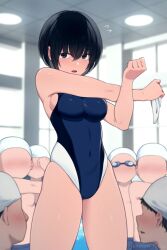  1girl age_difference black_eyes black_hair blush breasts competition_swimsuit height_difference highres imminent_penetration kemuri_haku large_breasts long_image multiple_boys one-piece_swimsuit original pool short_hair shota standing staring stretched_limb stretching swimming_goggles swimsuit tall_image thick_thighs thighs water  rating:Questionable score:61 user:Dr.Good