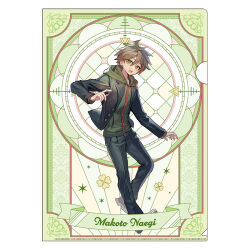  1boy ahoge artist_request banner black_jacket black_pants blazer border brown_hair buttons card_(medium) character_name clover collared_jacket danganronpa:_trigger_happy_havoc danganronpa_(series) denim four-leaf_clover full_body green_background green_eyes green_jacket hair_between_eyes hood hood_down hooded_jacket jacket jeans lapel_pin lapels layered_sleeves long_sleeves looking_at_viewer male_focus merchandise_available naegi_makoto notched_lapels open_clothes open_jacket open_mouth pants pocket red_footwear shoes short_hair simple_background sneakers solo sparkle stained_glass teeth upper_teeth_only white_border  rating:General score:2 user:danbooru