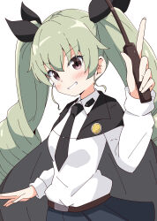 1girl absurdres aikawa_ryou anchovy_(girls_und_panzer) anzio_school_uniform belt belt_buckle black_cape black_necktie black_ribbon blue_skirt blush breasts brown_belt brown_eyes buckle cape collared_shirt commentary_request drill_hair girls_und_panzer green_hair grin hair_ribbon hand_up highres holding long_hair looking_at_viewer necktie pleated_skirt ribbon riding_crop ringlets school_uniform shirt simple_background skirt small_breasts smile solo twintails very_long_hair white_background white_shirt