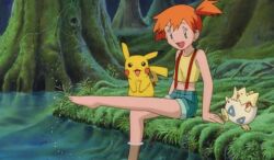  1girl barefoot creatures_(company) feet foot_focus forest game_freak gen_1_pokemon gen_2_pokemon happy lake legs midriff misty_(pokemon) nature nintendo official_art open_mouth orange_hair outdoors pikachu pokemon pokemon_(anime) pokemon_(classic_anime) pokemon_(creature) pokemon_4ever_-_celebi:_the_voice_of_the_forest screencap shirt shorts suspenders toes togepi tree water yellow_shirt 