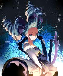 1girl artist_name black_bow black_dress bow breasts chiinyan closed_mouth cowboy_shot detached_sleeves dress drill_hair floating_hair flower green_hair grey_dress gwen_(league_of_legends) hair_bow hair_up highres juliet_sleeves large_bow league_of_legends long_hair long_sleeves medium_breasts puffy_sleeves serious solo twin_drills twintails water_drop rating:General score:4 user:danbooru
