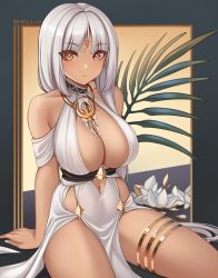 1girl arm_support azur_lane bare_shoulders body_markings breasts brown_eyes center_opening cleavage collarbone commentary_request dark-skinned_female dark_skin dress english_text facial_mark flower forehead_mark halter_dress halterneck large_breasts long_hair looking_at_viewer massachusetts_(azur_lane) massachusetts_(dressed_to_impress)_(azur_lane) nail_polish native_american navel pelvic_curtain shellvi silver_hair sitting sleeveless sleeveless_dress solo thigh_strap thighlet thighs white_dress white_nails rating:Sensitive score:84 user:danbooru