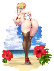  1girl alternate_hairstyle aoi_nagisa_(metalder) ass ass_focus beach bent_over bikini blonde_hair blue_sky blush breasts breasts_out butt_crack clothes_pull curvy flower full_body glasses hand_on_own_hip heart heart_tattoo high_heels highleg highres huge_ass huge_breasts jewelry kosaka_shizuru leaning_forward lilith-soft long_hair looking_at_viewer looking_back nail_polish necklace nipples one-piece_swimsuit_pull open_mouth ponytail puffy_nipples red_bikini shiny_skin side-tie_bikini_bottom skindentation sky string_bikini sweat swimsuit taimanin_(series) taimanin_asagi taimanin_rpgx taimanin_yukikaze tattoo thighhighs thong thong_bikini very_long_hair wide_hips  rating:Explicit score:63 user:AnonJ