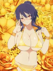 1girl bare_hips bare_shoulders bikini breasts cleavage flower glasses hand_on_glasses highres huge_breasts looking_at_viewer mole mole_on_breast purple_hair red_eyes revealing_clothes rose senran_kagura short_hair sideboob micro_bikini smile rin_(senran_kagura) swimsuit thong thong_bikini underboob rating:Questionable score:50 user:A2SQ