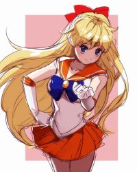  1girl aino_minako becky2006 bishoujo_senshi_sailor_moon blonde_hair blue_eyes bow choker collarbone earrings elbow_gloves gloves hair_bow half_updo hand_on_own_hip jewelry long_hair looking_at_viewer magical_girl mayo_(becky2006) orange_skirt outstretched_hand pink_background red_bow sailor_collar sailor_venus short_sleeves sketch skirt solo tiara two-tone_background very_long_hair white_background white_gloves 
