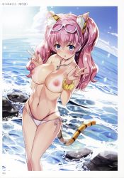  1girl absurdres animal_ears bare_shoulders bikini blue_eyes breasts cat_tail cleavage collarbone day double_v earrings fake_animal_ears fingernails highres jewelry large_breasts long_hair looking_at_viewer mutsumi_masato navel necklace nipples ocean original outdoors pink_hair scan side-tie_bikini_bottom sky smile solo standing swimsuit tail toranoana v  rating:Explicit score:26 user:wantorn