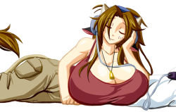  1girl animal_ears bare_shoulders breasts brown_hair cleavage cow_ears cow_girl cow_horns cow_tail cowbell dot_nose closed_eyes headphones horns huge_breasts long_hair lying matsu-sensei mattie_(ego_trigger) original pants pillow red_shirt shirt sleeveless smile solo tail white_background  rating:Sensitive score:42 user:Bob_Toronja