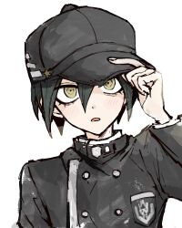  1boy baseball_cap black_hair black_hat black_jacket black_sleeves buttons collared_jacket commentary crest danganronpa_(series) danganronpa_v3:_killing_harmony double-breasted eyelashes hair_between_eyes hand_on_headwear hat highres jacket layered_sleeves light_blush light_frown long_sleeves male_focus open_mouth pentagon_(pulane10ar) pocket saihara_shuichi short_hair simple_background solo star_(symbol) star_print upper_body white_background yellow_eyes 