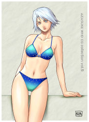 1girl azasuke bikini blue_bikini christie_(doa) dead_or_alive highres short_hair swimsuit tecmo white_hair rating:Explicit score:6 user:Anonymous