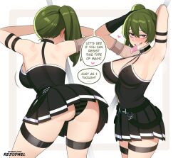  1girl arm_strap armpits arms_behind_head ass bare_shoulders bent_over black_dress breasts choker come_hither condom condom_in_mouth condom_wrapper covered_erect_nipples dress green_hair hair_between_eyes large_breasts long_hair looking_at_viewer mouth_hold naughty_face panties purple_eyes rezodwel side_ponytail simple_background smile solo sousou_no_frieren teasing ubel_(sousou_no_frieren) underwear white_background  rating:Questionable score:88 user:danbooru