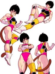  1girl ass boots breasts crossed_arms dragonball_z earrings female_focus full_body gloves gluteal_fold highleg highleg_leotard highres jewelry leotard looking_at_viewer medium_breasts monkey_tail muscular muscular_female pink_leotard plumlewds saiyan saiyan_armor seripa short_hair solo tail thick_thighs thighs wide_hips 
