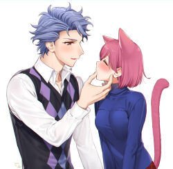  animal_ears argyle argyle_clothes argyle_sweater_vest artist_name blue_shirt blush bob_cut breasts cat_ears cat_girl cat_tail closed_eyes collared_shirt couple dated grey_hair hair_between_eyes hand_on_another&#039;s_chin hetero krudears long_sleeves medium_breasts parted_lips pink_hair protagonist_(tokimemo_gs3) red_eyes shirt shitara_seiji short_hair sweater_vest tail tokimeki_memorial tokimeki_memorial_girl&#039;s_side_3rd_story turtle upper_body wavy_hair white_background white_shirt 