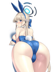  1girl animal_ears ass ass_focus blonde_hair blue_archive blue_bow blue_eyes blue_halo blue_leotard bow braid breasts commentary earrings fake_animal_ears french_braid from_behind hair_bow halo highres jewelry large_breasts leotard long_hair looking_at_viewer looking_back munashi_mujou official_alternate_costume official_alternate_hairstyle rabbit_ears rabbit_tail simple_background skindentation solo strapless strapless_leotard stud_earrings tail toki_(blue_archive) toki_(bunny)_(blue_archive) white_background 