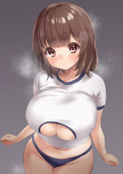1girl blue_buruma blush breasts brown_hair buruma closed_mouth clothing_cutout commentary_request cowboy_shot curvy gradient_background grey_background gym_shirt gym_uniform hair_ornament hairclip highres huge_breasts looking_at_viewer medium_hair nabeshima_tetsuhiro oggu_(neoguloliko) original paid_reward_available red_eyes shirt short_hair short_sleeves simple_background smile solo standing steam steaming_body stomach underboob underboob_cutout white_shirt wide_hips