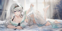  1girl absurdres alternate_costume barefoot black_hairband black_ribbon bra breasts cleavage collarbone commentary_request curtains firefly_(honkai:_star_rail) foot_up full_body green_bra grey_hair hairband highres holding_shawl honkai:_star_rail honkai_(series) indoors long_hair looking_at_viewer lying on_bed open_mouth panties purple_eyes ribbon see-through see-through_shirt shawl shirt single_bare_shoulder sleeveless sleeveless_shirt solo swkl:d underwear white_panties white_shawl white_shirt 