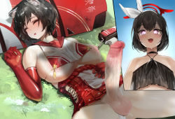  2girls animal_ears black_hair blue_archive breast_curtain breasts closed_eyes elbow_gloves erection futanari gloves halo highres large_breasts large_penis looking_at_viewer lying mashiro_(blue_archive) mo_ne multiple_girls nipples on_back open_mouth penis purple_eyes raccoon_ears red_gloves red_sailor_collar red_skirt sailor_collar short_hair skirt sleeping solo_focus teeth testicles tsubaki_(blue_archive) upper_teeth_only winged_halo  rating:Explicit score:137 user:danbooru