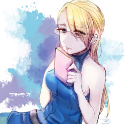 1girl ace_attorney adrian_andrews blonde_hair blue_dress blue_eyes book dress glasses hand_up holding holding_book lgw7 long_hair simple_background sleeveless sleeveless_dress solo 