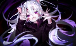  1girl absurdres animal_ears blood blood_on_face cat_ears cat_girl cuts fangs floating_hair hands_up high_collar highres injury jacket long_hair long_sleeves looking_at_viewer open_mouth original purple_eyes self-harm smile solo sxnxrnx very_long_hair white_hair 