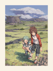  1boy 1girl absurdres belt belt_pouch black_pants blue_eyes blue_sky boots border brown_hair bush cargo_pants closed_mouth cloud commentary_request cumulonimbus_cloud day dress eureka_(eureka_seven) eureka_seven eureka_seven_(series) geng99161 grass green_hair grey_belt hair_ornament hairclip high_tops highres jacket knee_boots leaning_forward long_sleeves looking_down looking_to_the_side mountain outdoors pants pants_rolled_up pouch raglan_sleeves red_eyes red_sleeves renton_thurston rock shoes short_hair sky sleeves_past_wrists smile sneakers squatting standing thigh_pouch thigh_strap tree white_border white_dress white_footwear white_jacket 