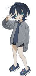  1girl :d aged_down black_shorts blue_eyes blue_footwear blue_hair blue_necktie collared_shirt crocs dark_blue_hair earclip frost_fog full_body grey_shirt hand_up highres hiodoshi_ao hololive hololive_dev_is jewelry long_sleeves looking_at_viewer mole mole_under_mouth necktie open_mouth ring shirt short_hair shorts simple_background smile solo v virtual_youtuber white_background 